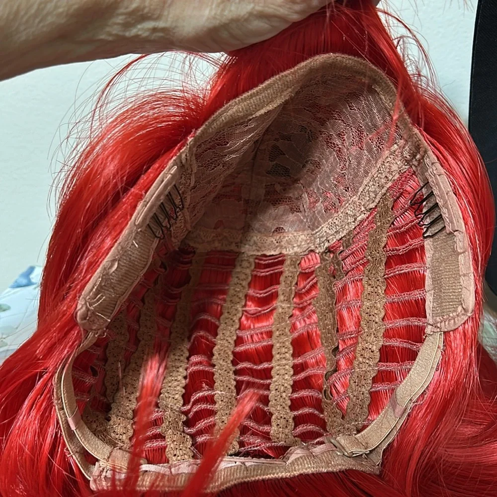 NWOT Red Medium Length Synthetic Wig w/ Bangs Open Mesh Cap Adjustable Strap